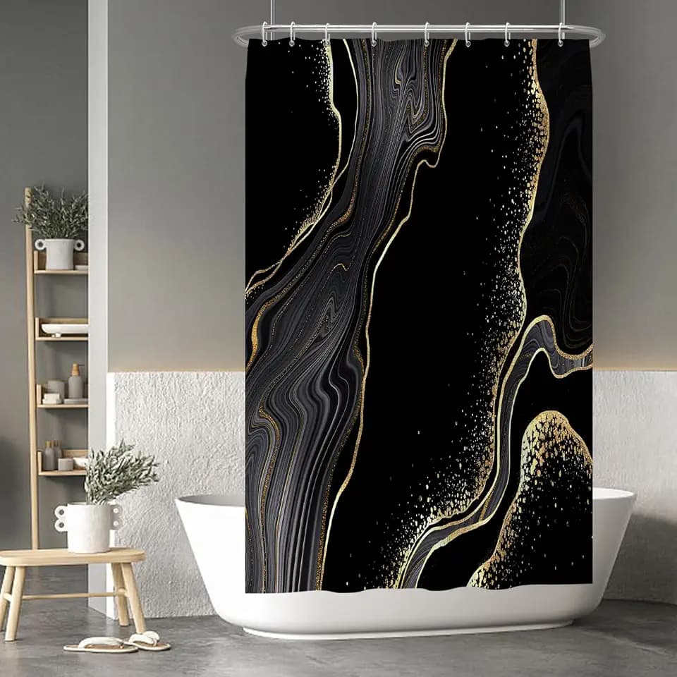 Luxury Abstract Black and Gold Marble Shower Curtain with Hooks 36x72 IN