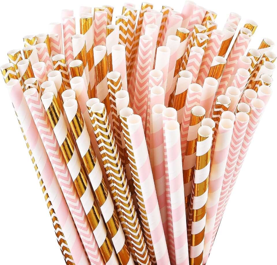 ALINK Gold Pink Paper Straws, 100 Pack Striped Party Straws