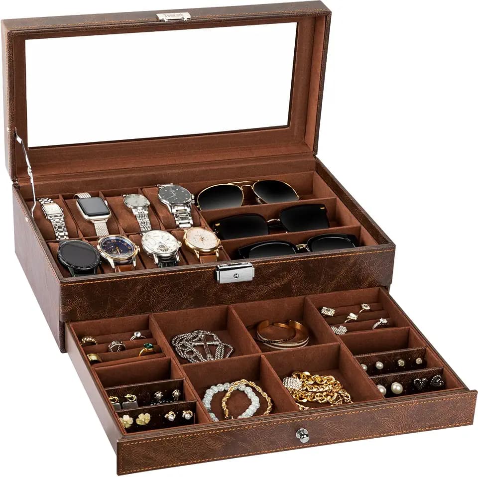 TomCare Watch Box, 2-Tier Watch Case Jewelry Organizer with Glass Lid