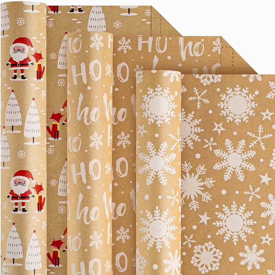 Homeral Kraft Christmas Wrapping Paper Rolls - Santa Claus, Snowflakes and Letters Gift Wrap Set for Christmas, New Year Celebration, Holiday - 3 Rolls - 17 Inch x 120 Inch Per Roll