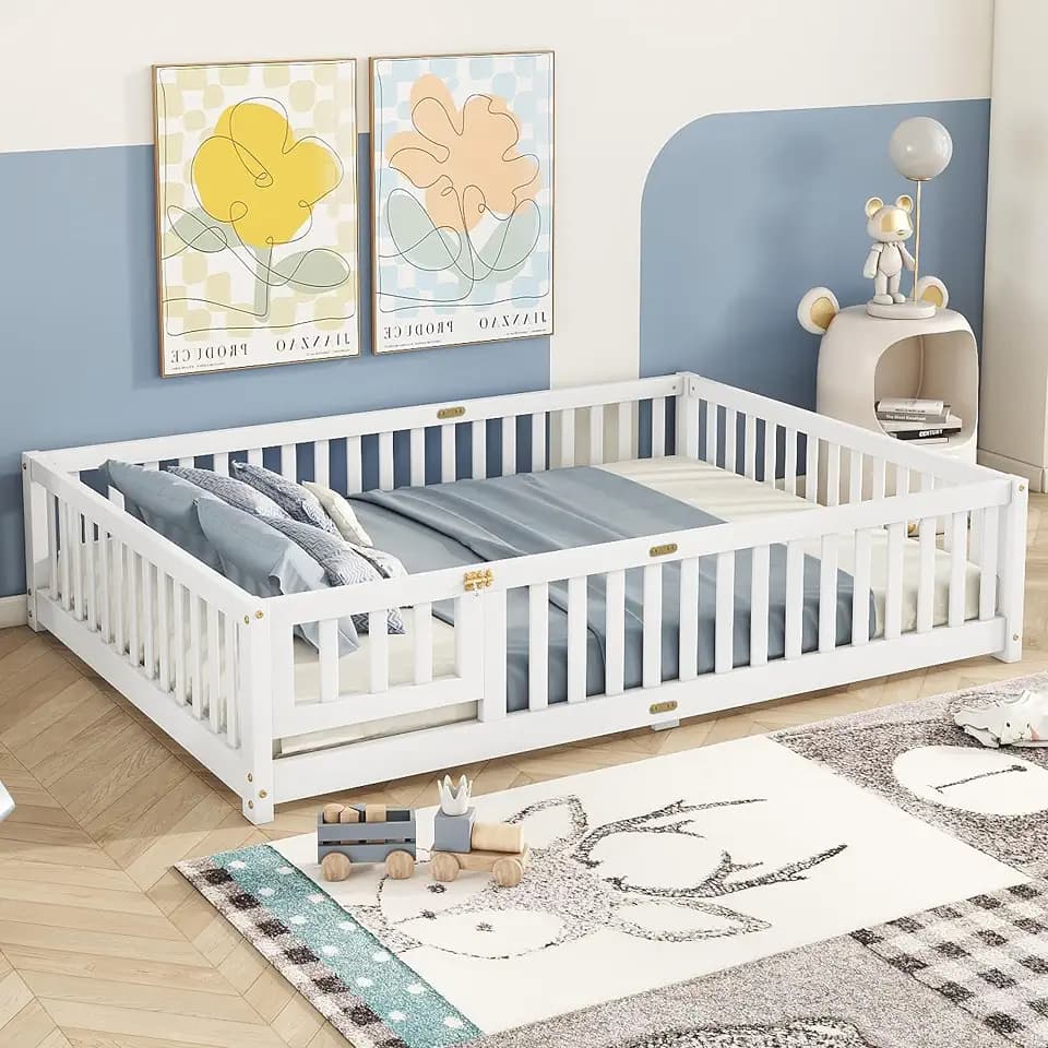 Full Size Montessori Floor Bed with Slats, Door and Guardrails, White