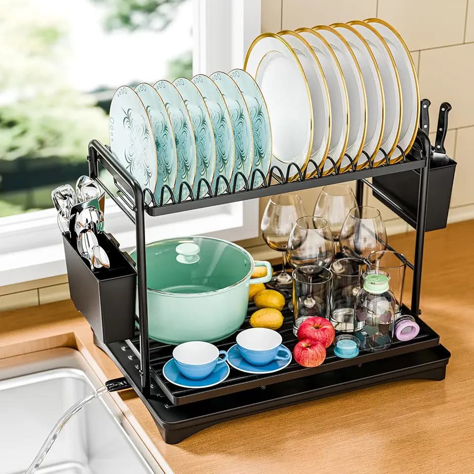 Simple Trending Dish Rack, Dish Drying Rack 2 Tier, Stainless Steel Dish Drainers with Utensil Holder and Drainboard for Kitchen Sink Organizers, 11.875" W x 16.625" D, Black