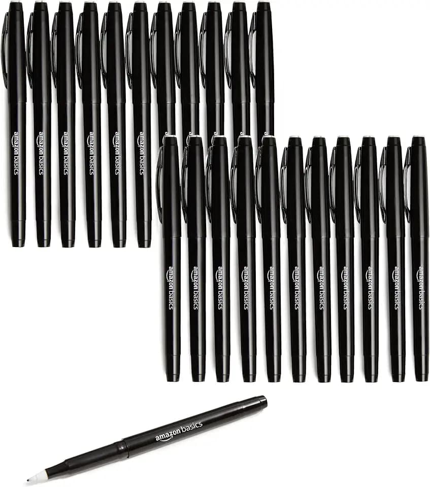 Amazon Basics Felt Tip Marker Pens, Black, Smooth Writing, for Writing, Drawing, Journaling and Note Taking, 24-Pack