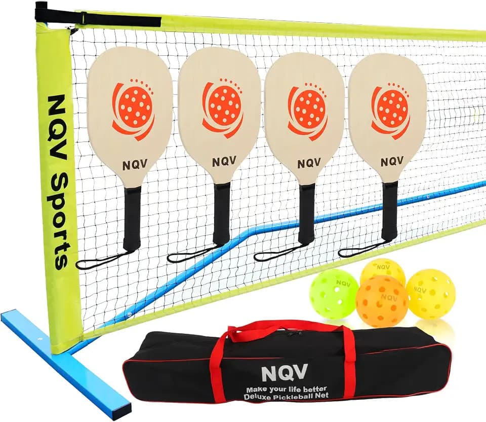 NQV Beginner Pickleball Set: 4 Wood Paddles, 22FT Net, 4 Balls, 1 Bag, 2 Chalks, Indoor/Outdoor