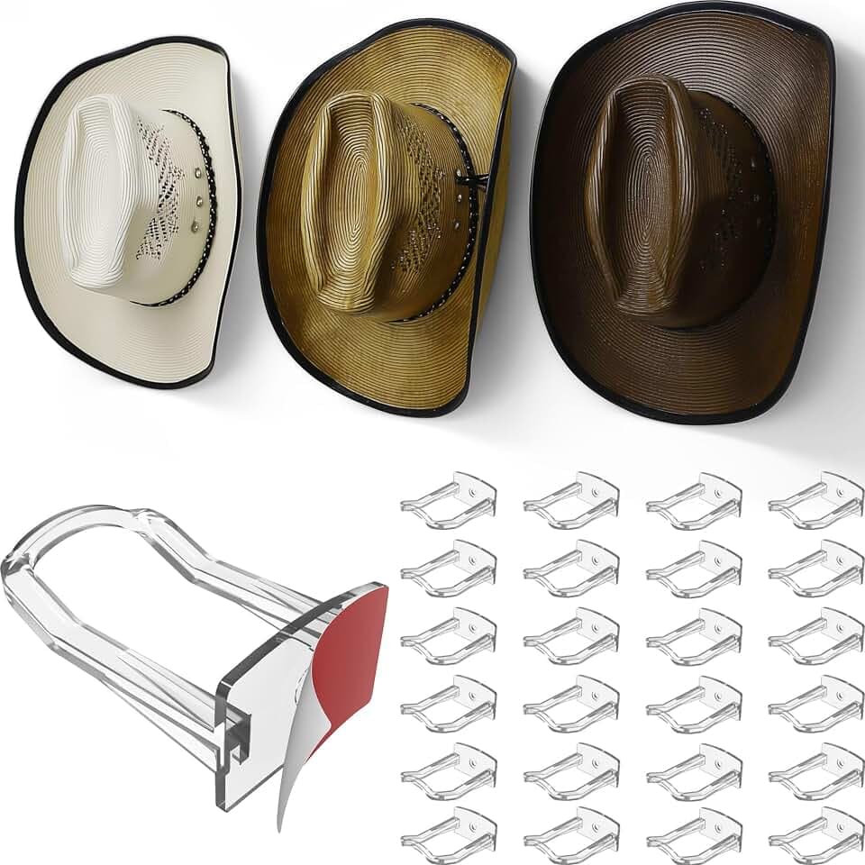 Modern JP Adhesive Cowboy Hat Hooks for Wall (24-Pack) – 3-Inch Wall Mount for Secure Hold, Wide Brim Hat Organizer, Western Room Decor – Clear