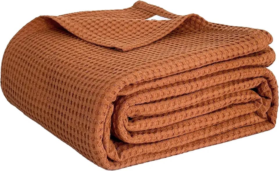 Simple&Opulence 100% Cotton Waffle Weave Blanket Queen Size 90"x90", Soft Lightweight Breathable Cozy Washed, Layer Throw Blanket for Couch Bed, Farmhouse Home Decor for Adults All-Season, Rust Orange