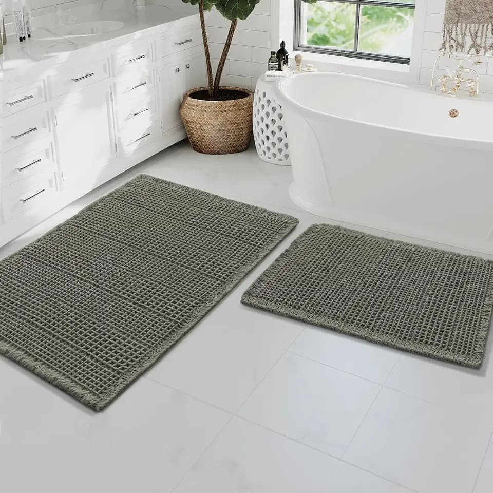 H.VERSAILTEX Waffle Bath Mat Super Absorbent Bathroom Mats Non Slip Bath Rugs for Bathroom Floor Machine Washable Ultra Soft Bathroom Rugs for Beside Tub, (32 x 20 Plus 24 x 17 - Inches, Smokey Olive)