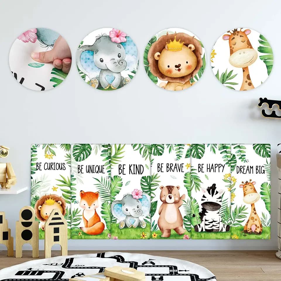 Jetec 6 Pcs 3D Anti-Collision Wall Padding for Kids Playroom 15.75 x 7.87 Inch Peel and Stick Padded Panels for Bedroom Upholstered Headboard Decor for Nursery Wall Protection(Safari Animal)