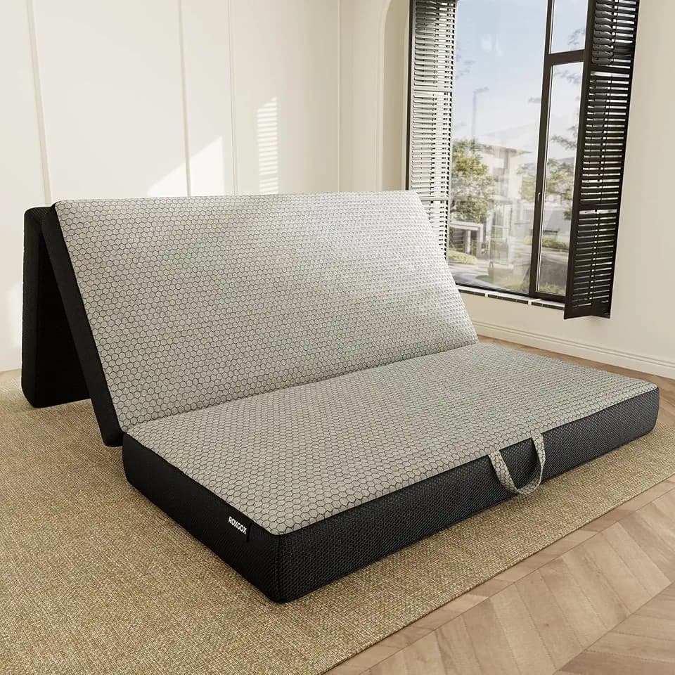 ROXGOX Memory Foam Trifold Mattress, 6 Inch King Foldable Mattress, Portable Floor Bed with Washable Cover, Handle & Non-Slip Bottom, for RV, Travel, Camping, Yoga, 80"x76"x6"