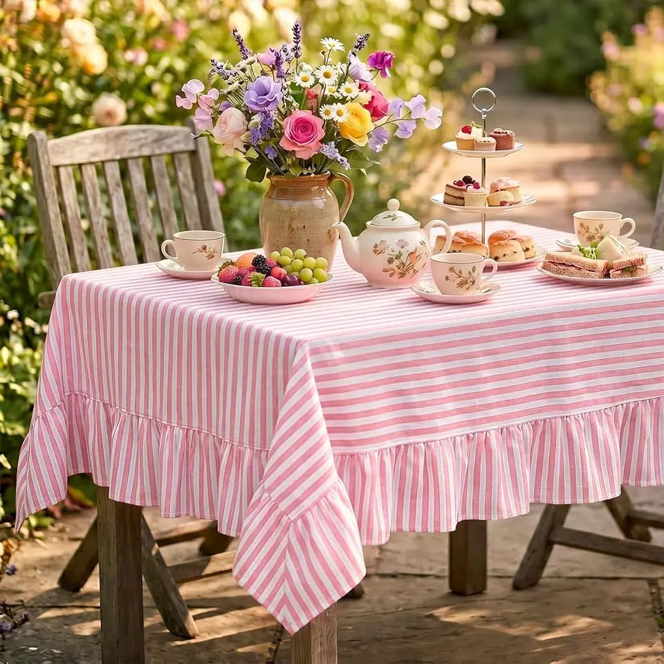 Mindsoft Pink Striped Ruffled Rectangular Tablecloth 84 x 60 Inches