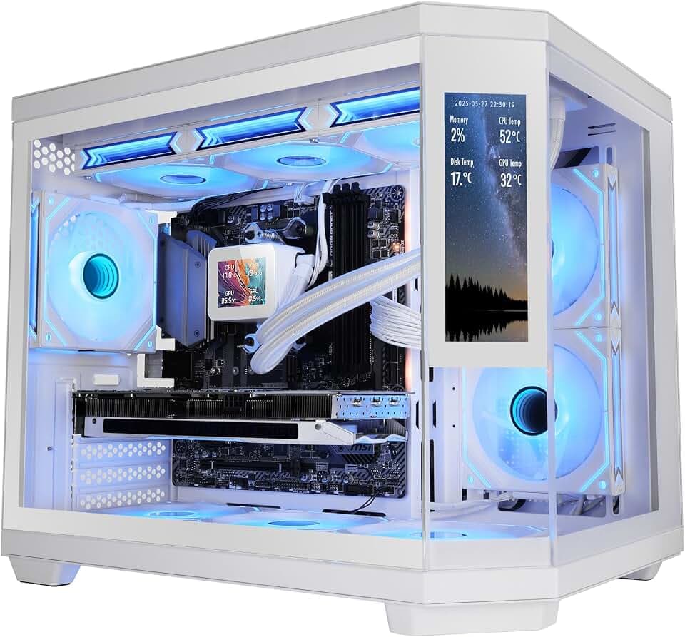 Mars Gaming MC-3TCORELCDM Micro-ATX Gaming-Gehäuse, anpassbarer 7,2" IPS-Bildschirm, dreifaches gehärtetes Glas, Doppelkammerstruktur, Unterstützung für Flüssigkeitskühlung bis 360mm, Weiß