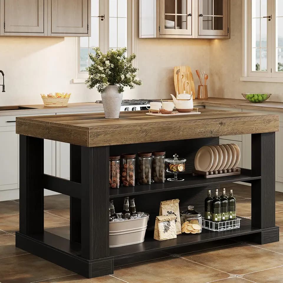 Tribesigns 55" Kitchen Island with Seating and Storage, 3-Tier, Farmhouse