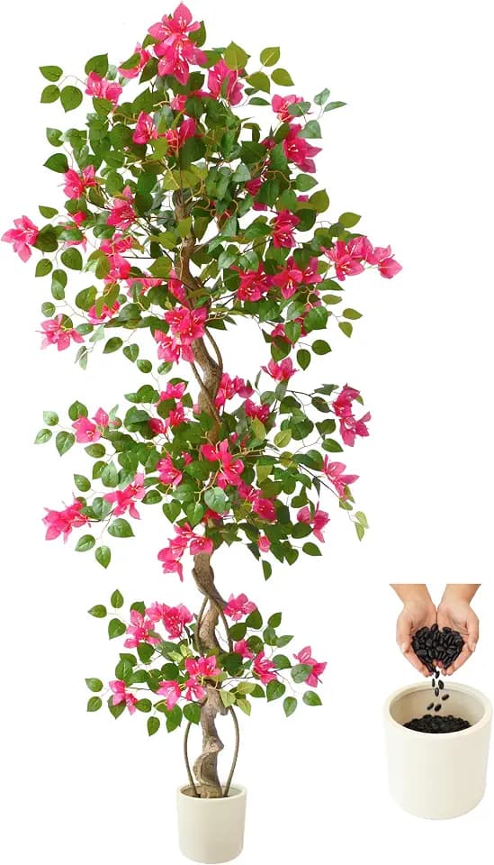 Warmplants Artificial Bougainvillea Tree 6ft Fake Plant with White Planter