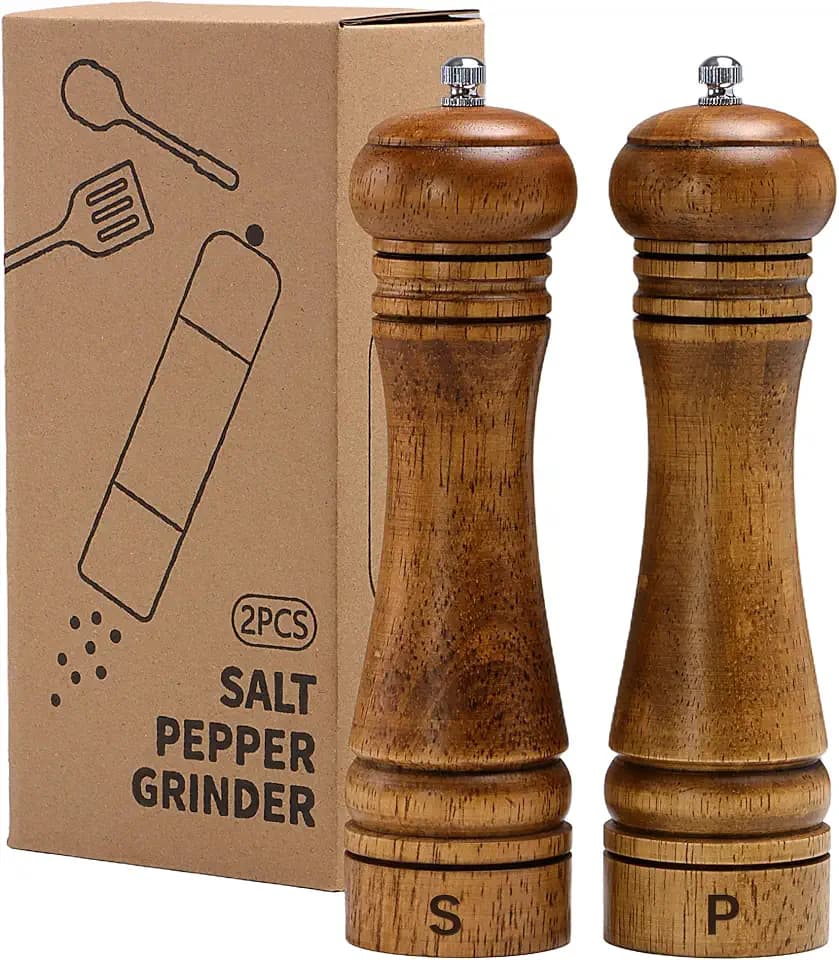 Wooden Salt and Pepper Grinder Set, Premium Oak Wood Salt Grinders Shakers, Manual Pepper Mill with S and P Engraving, Adjustable Ceramic Grinder for House Warming Cooking Gifts – 8 inches, 2 Pack