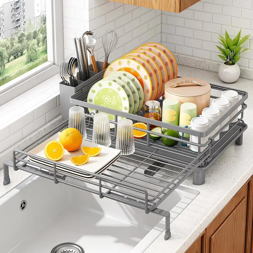 SAYZH Expandable Dish Drying Rack for Kitchen Counter, Metal, Grey