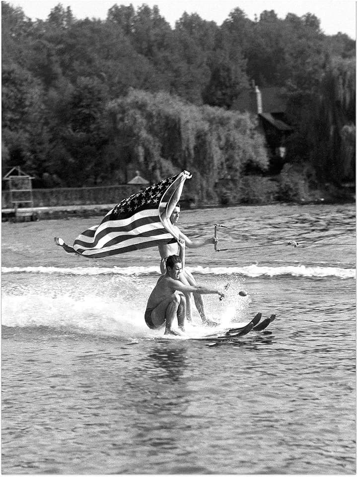 Vintage Water Skiing Show Wall Art,1940s Black And White Photo,Two Water Skiers With American Flag Poster,Coastal House Decor 16x24inch Unframed