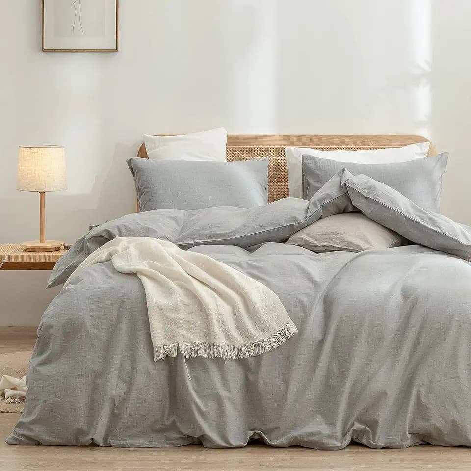 BESTOUCH Cotton Solid Duvet Cover Set Linen Feel Light Grey Queen
