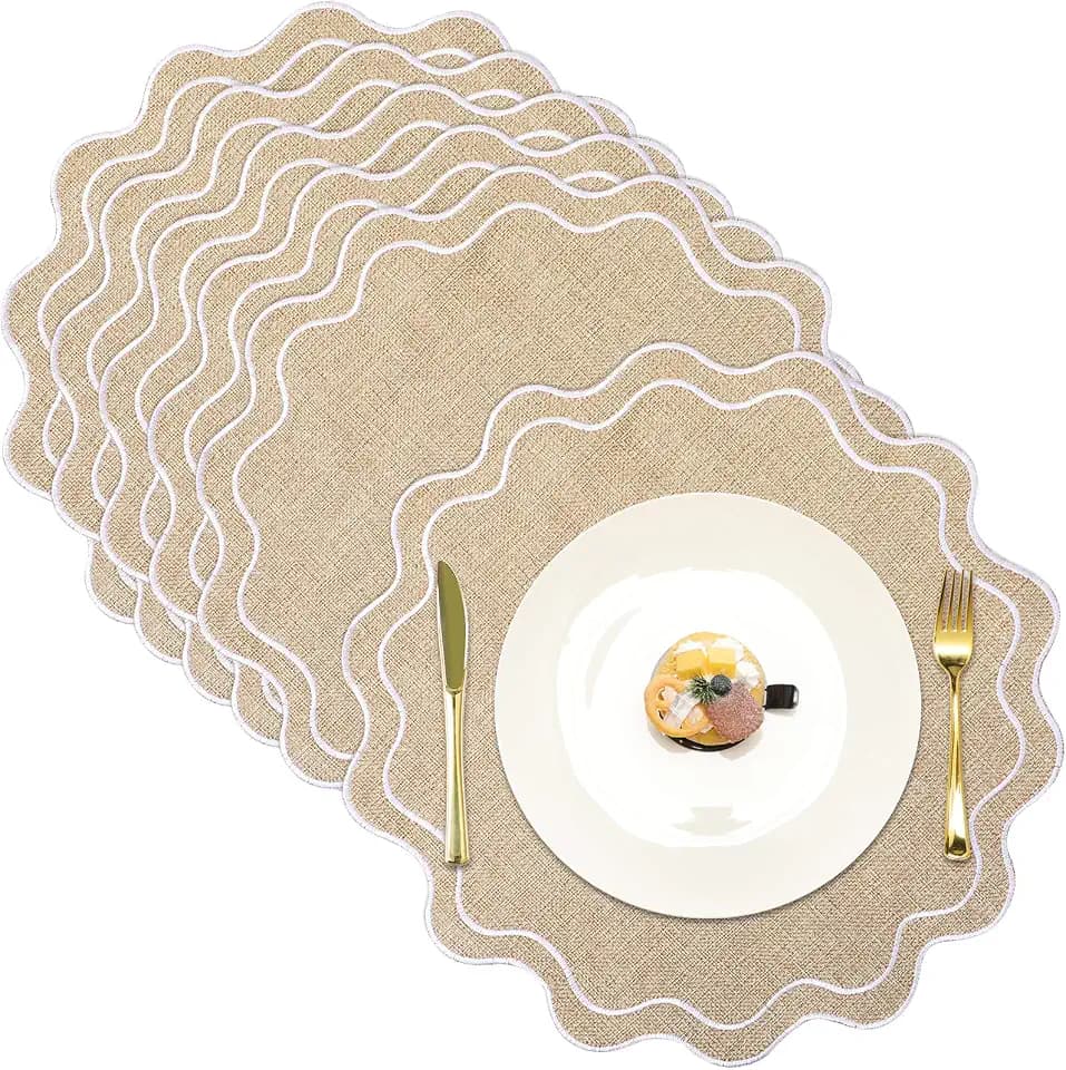 Set of 6 Round Cotton Linen Placemats, Wavy Embroidery Round Placemats Washable Double Layered Rustic Dinner Quilted Decor Fabric for Hotel Restaurant Kitchen(Linen with White,15 Inch)