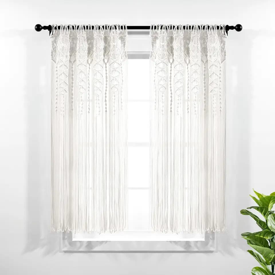 Lush Decor Boho Macrame Textured Cotton Window Curtain Panel Single 40" W x 63" L White - Macrame Curtains for Windows, Room Divider, Boho Wall Decor
