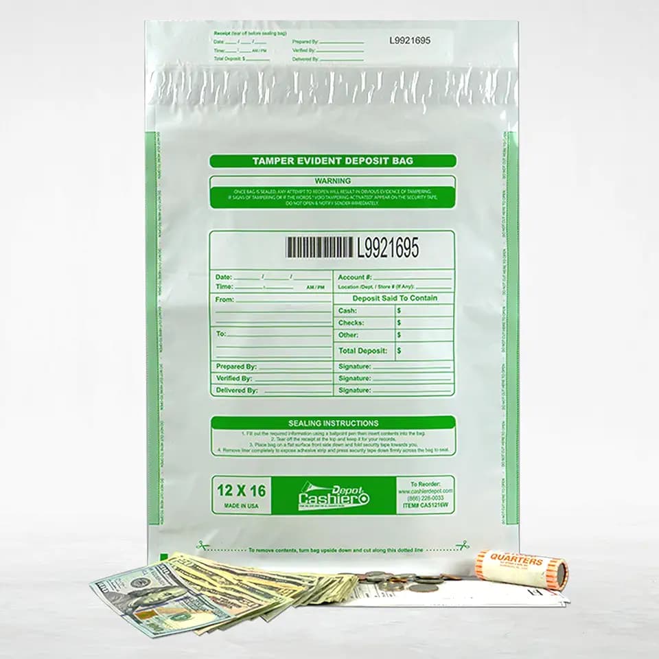 100 Cashier Depot - Tamper Evident Bank Deposit Bags, 12 x 16 Inches, White, 100 Count, Press & Seal Void Closure, Serialized Numbering with Barcode, Made in USA