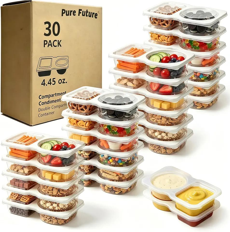 Pure Future 30-Pack Reusable Snack Containers with Lids, 2-Compartment Snackle Box Container for Meal Prep, Portion Control Snack Pack for Office, Travel & Gym, Microwave Safe