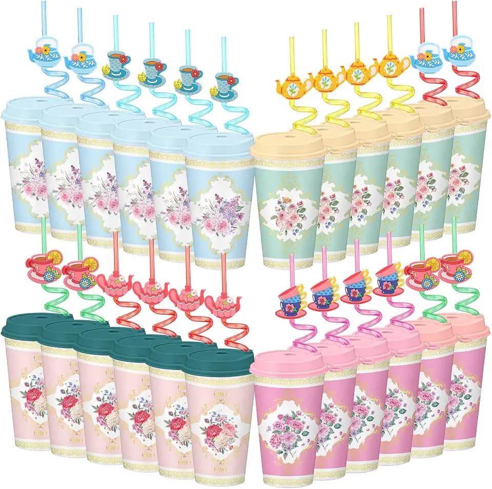 LemonRoad 24 Set Flower Cups for Tea Party Tumbler 16 oz Vintage Floral Cup