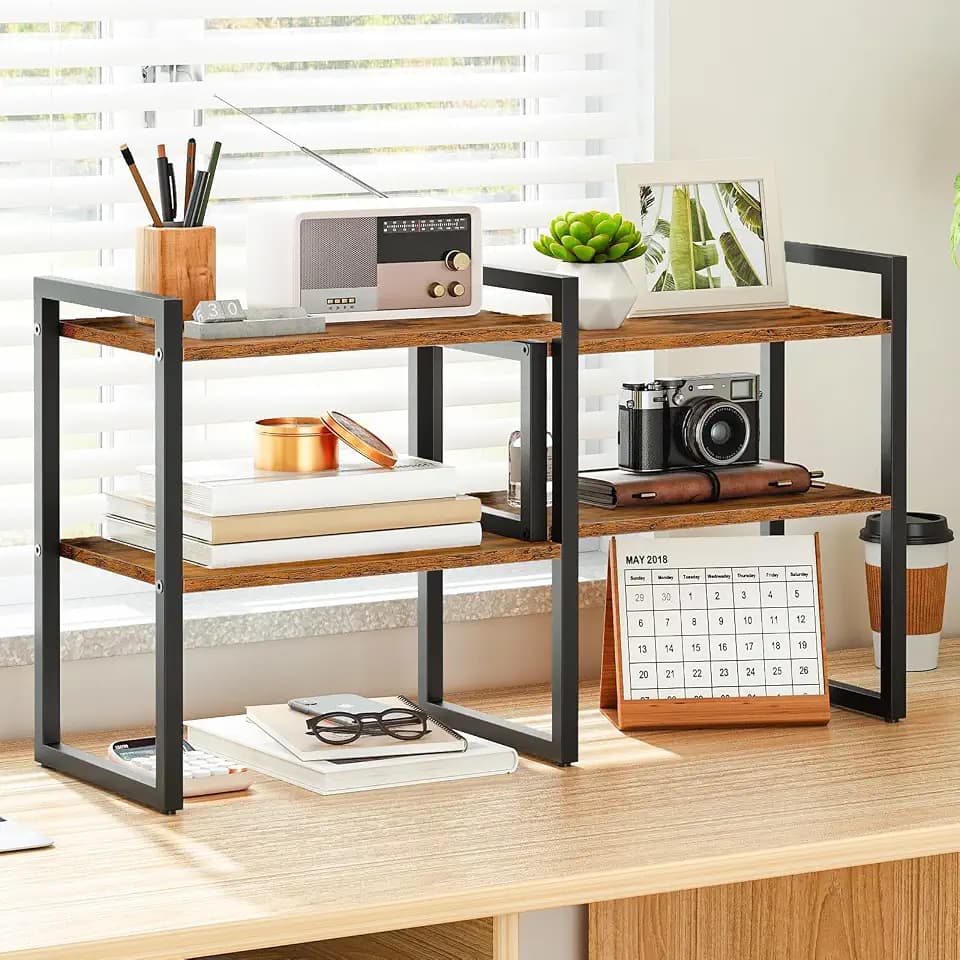HOOBRO Desk Shelf Organizer, Adjustable Desktop Bookshelf,Wooden Office Storage Rack for Top of Desk,Office, Study, Kitchen, Dorm, Rustic Brown and Black BF39SJ01