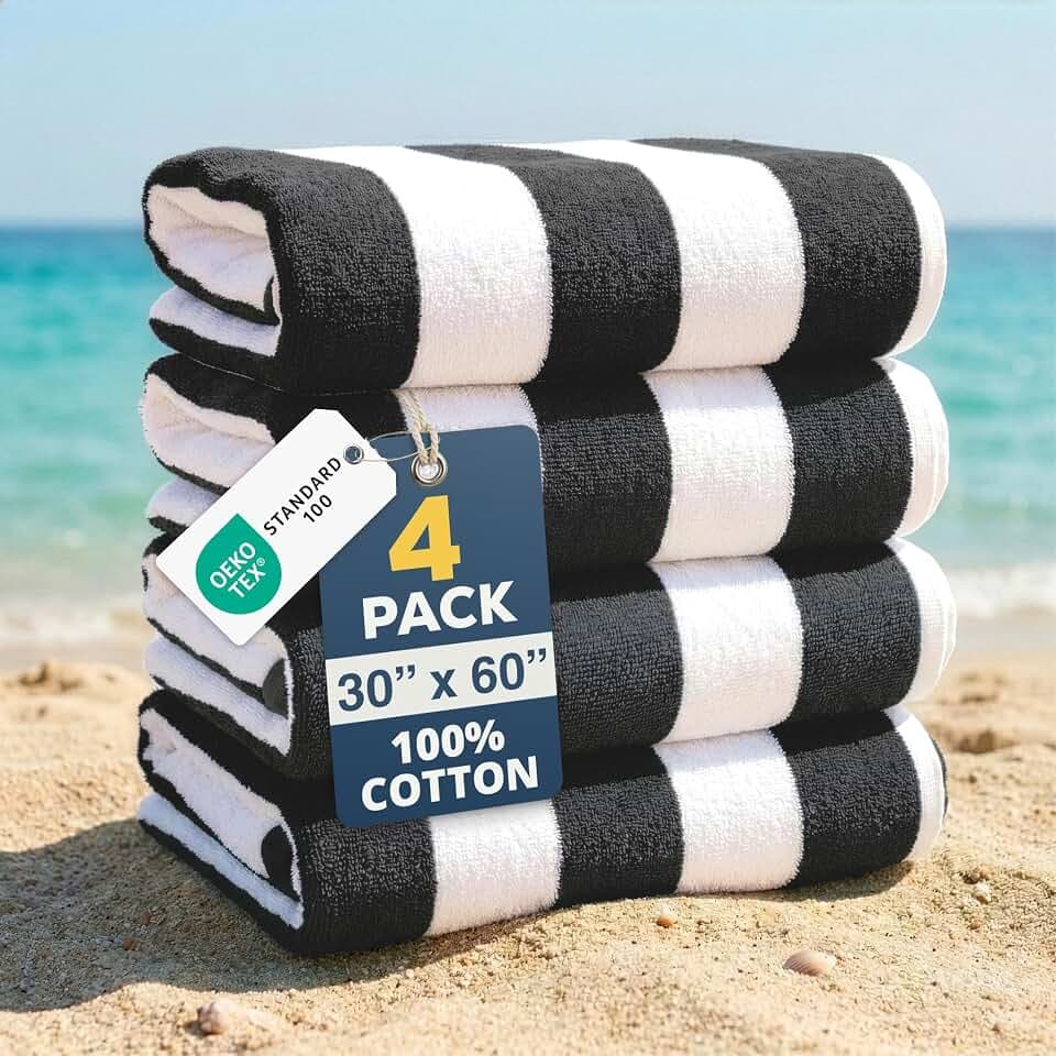 LANE LINEN Cabana Stripe Cozy Large Soft Beach Towels Pack of 4 - Grey