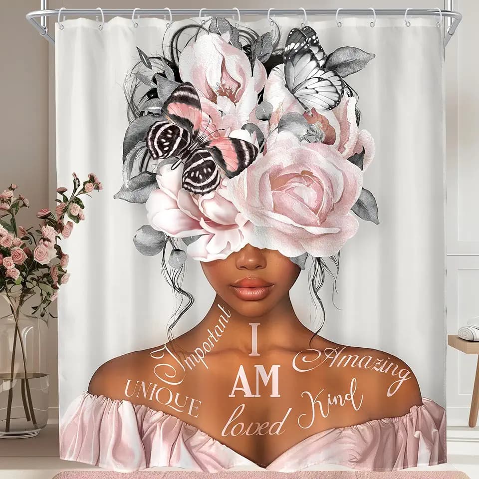MESHELLY Black Girl Shower Curtain 72Wx84H Gray Pink Long Bathroom Curtain Peony Floral African American Motivational Quotes Bath Curtain Bathroom Accessories Decor with 12 Hooks