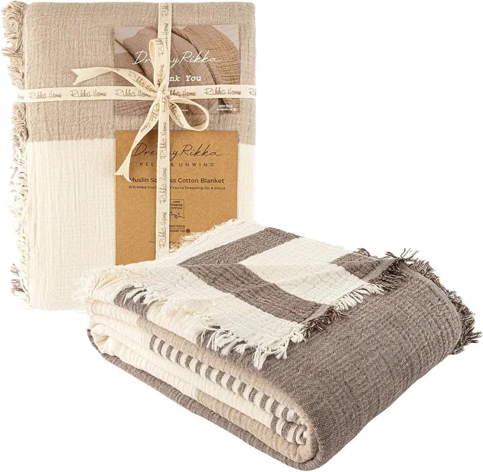 100% Cotton Muslin Blanket Queen Size, Soft Breathable Gauze Bed Blanket & Coverlet, 3 Layer 2 Ply, Lightweight All Season Bedding, 83 x 89 in, Mocha Brown Stripe