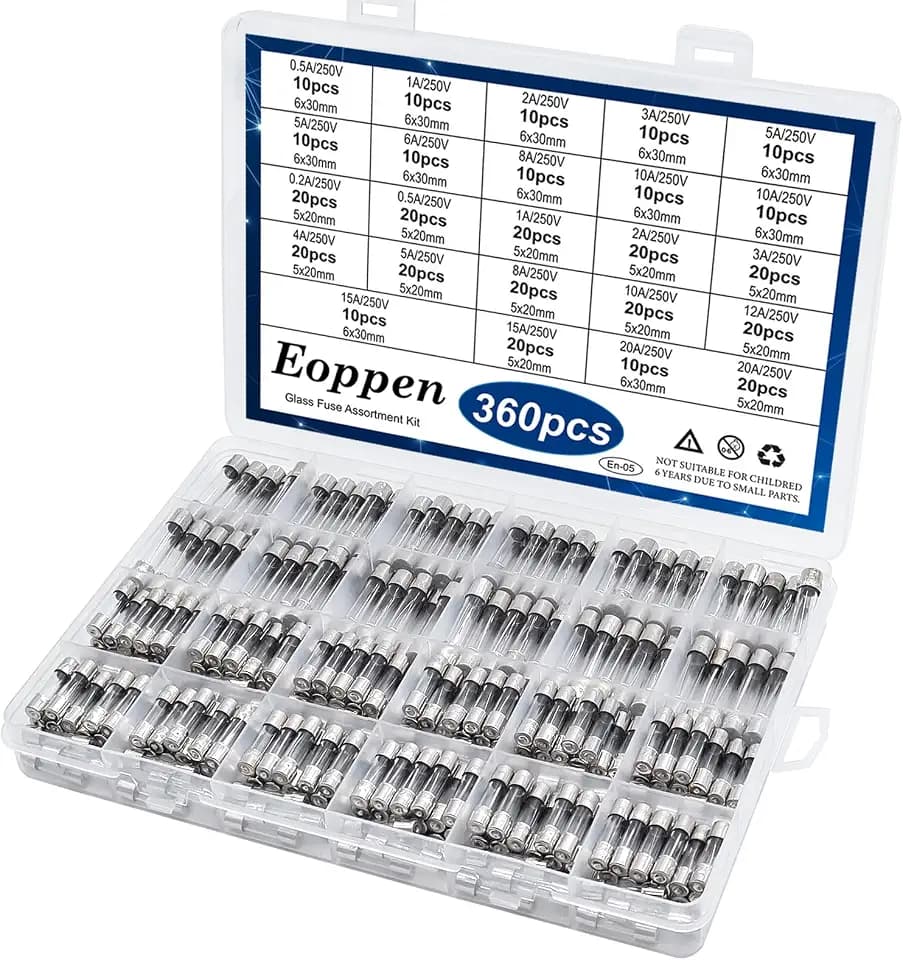 360pcs Fast Blow Glass Fuse Assortment Kit 22 Values Fuses Kit 0.5A 1A 2A 3A 5A 6A 8A 10A 15A 20A 6x30mm,250V 0.2A 0.5A 1A 2A 3A 4A 5A 8A 10A 12A 15A 20A 5x20mm Tube Fuses Set