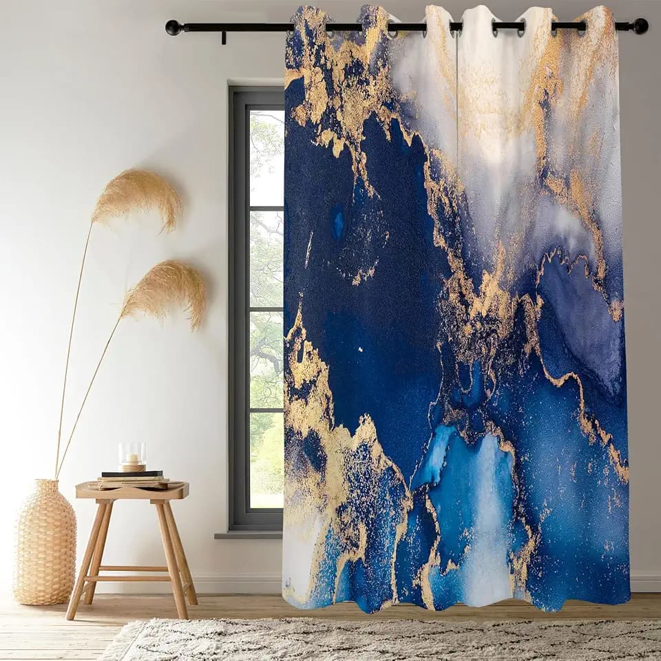 Navy Blue Gold Abstract Marble Grommet Curtains 29Wx55L Inch ,2 Panels