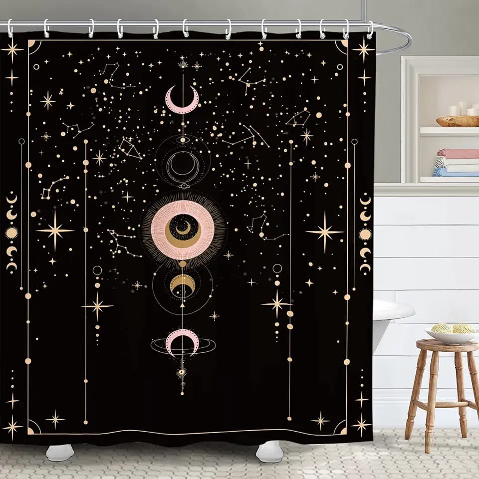 Moon Phase Gothic Zodiac Bathroom Shower Curtain Constellation Astrology Galaxy Celestial Mysterious Tarot Witch Aesthetic 60W by 71H Inch Polyester Fabric 12 Plastic Hooks Waterproof Decor