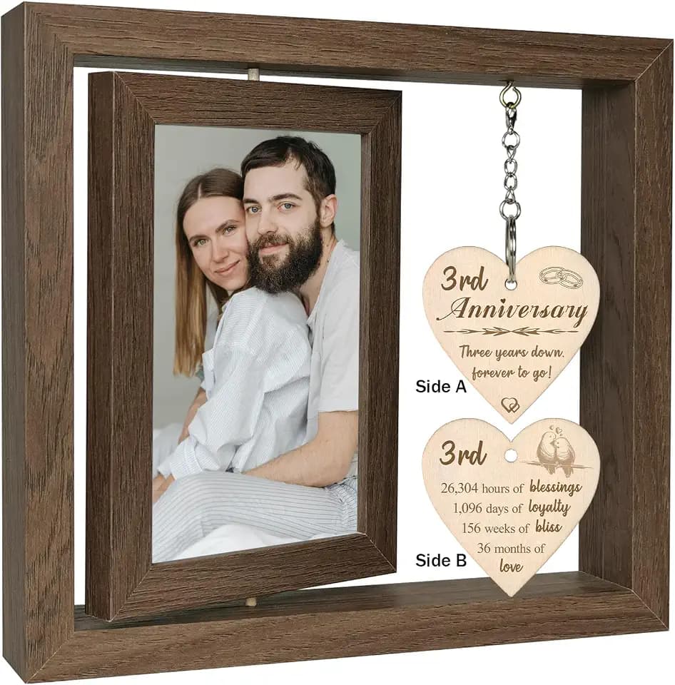EYITUPC Rotating 3 Year Anniversary Wood Picture Frame Gift for Couple