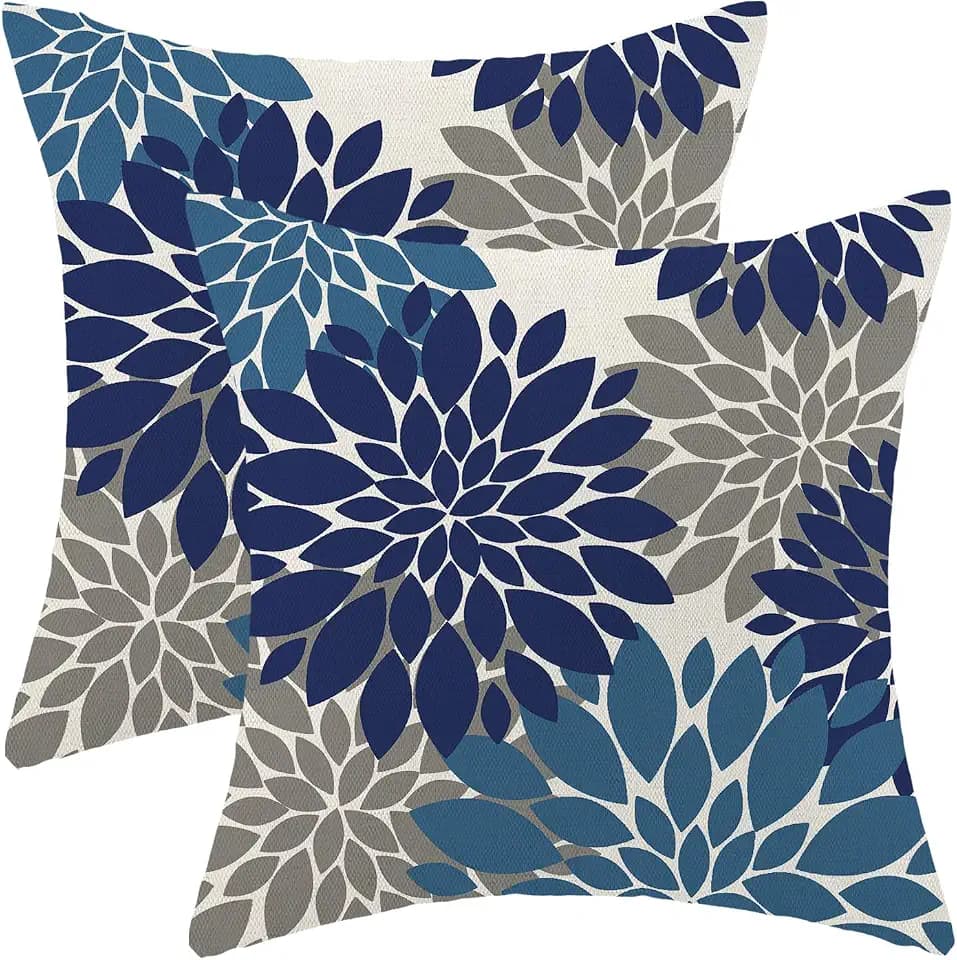 CXMEIFLY Navy Blue Summer Outdoor Pillow Covers 20x20 Inch Set of 2 Dusty Blue Grey Dahlia Floral Decor Throw Pillows Modern Geometry Flower Decorative Cushion Cases for Sofa Couch Bed Decorations