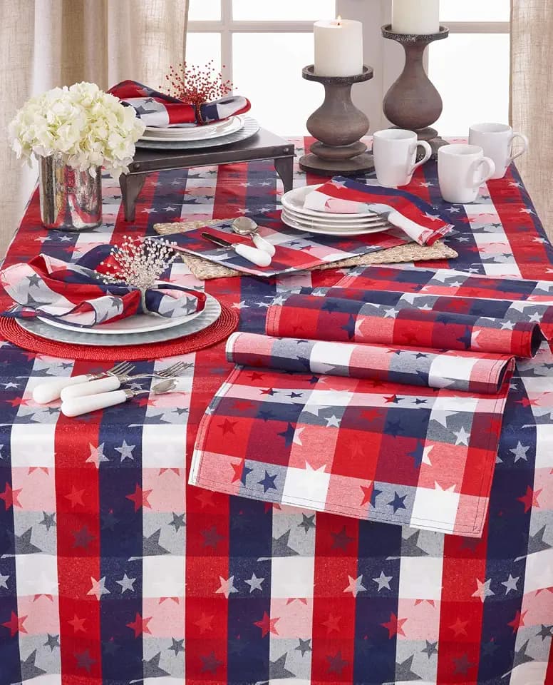 Red White and Blue Checkered with Stars Cotton/Polyester Blend Patriotic Tablecloth, 50"x 70" Rectangular - (1 Piece).