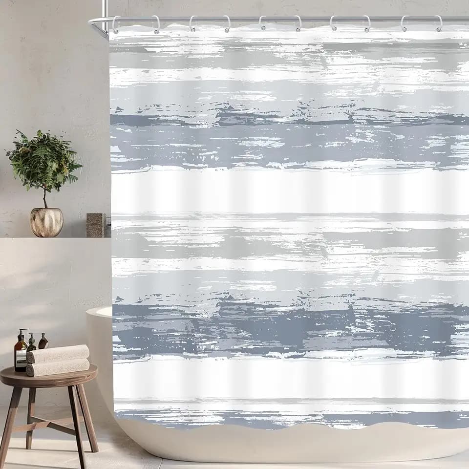 KOMLLEX Abstract Navy Blue Gray Modern Striped Bathroom Shower Curtain Set