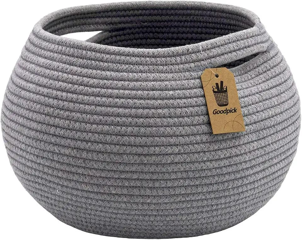 Goodpick Round Woven Rope Storage Basket for Shelves, 10" x 8.3", Grey