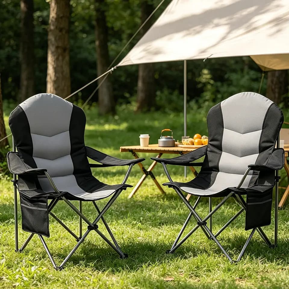 2 Pack Folding Camping Chairs for Adults - High Back Padded Outdoor Lawn Chairs with Lumbar Support & Cup Holder, 400lbs Heavy Duty Portable Camping Chairs Set (Black & Gray, 2 Pack)
