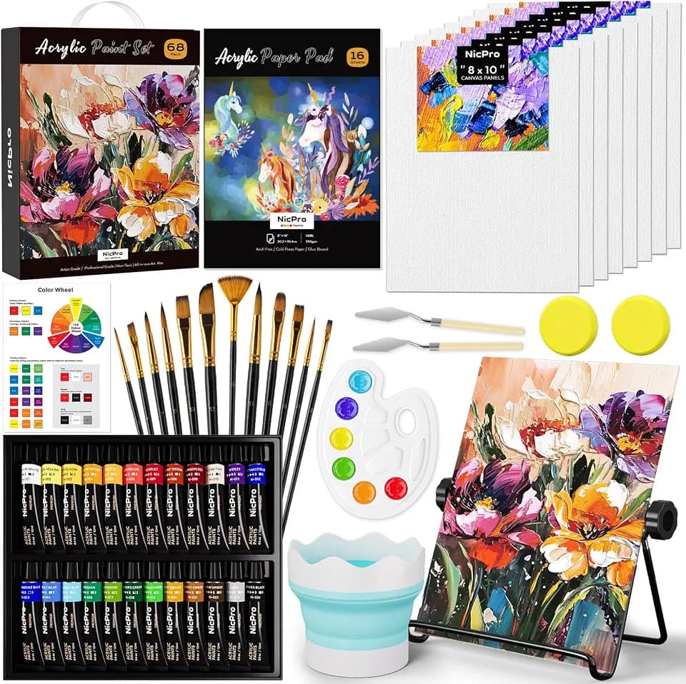Nicpro 68PCS Acrylic Paint Canvas Set for Adults with 24 Paint for Beginner