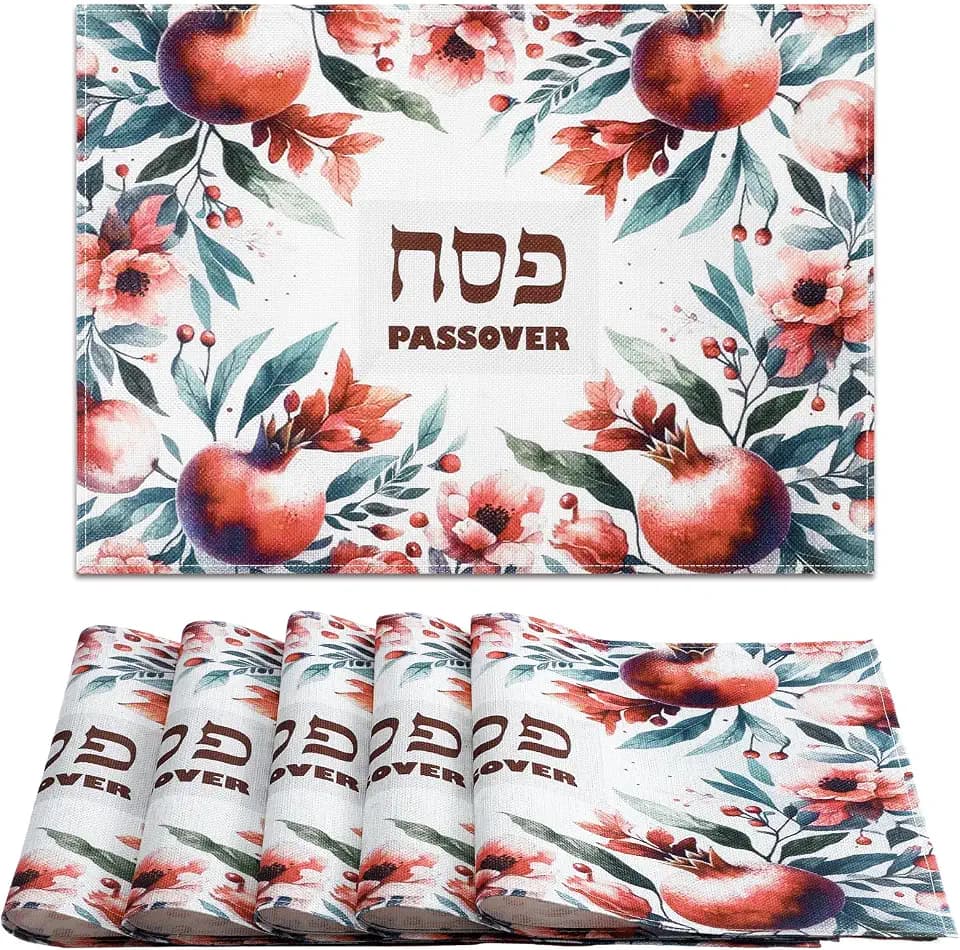 Blushtier 6 Pcs Happy Passover Placemats Washable Seder Matzo Table Mats Pesach Decorations Durable Non Slip Heat Resistant Table Mats for Kitchen Dining Room Home, 12 x 18 Inch (Pomegranate Flower)