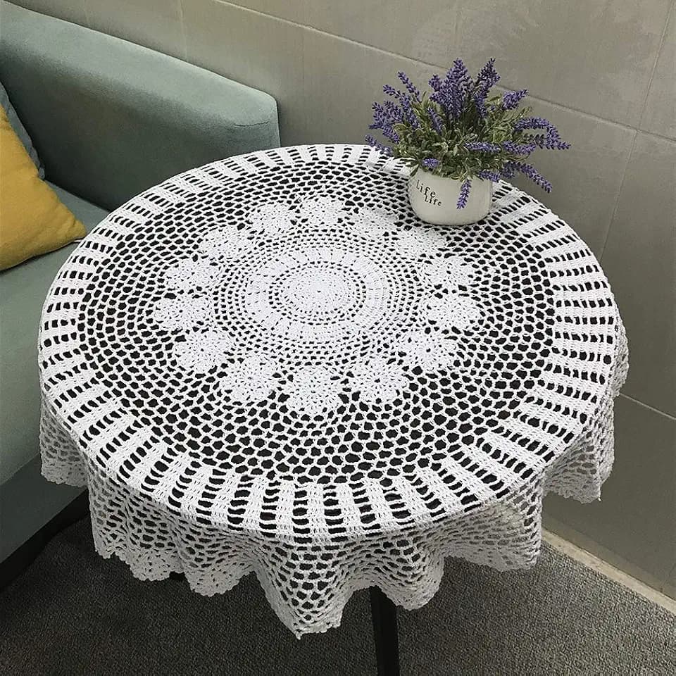 Hetao 100% Cotton Handmade Crochet Round Tablecloth Doilies Lace Table Covers,White, 35 Inch