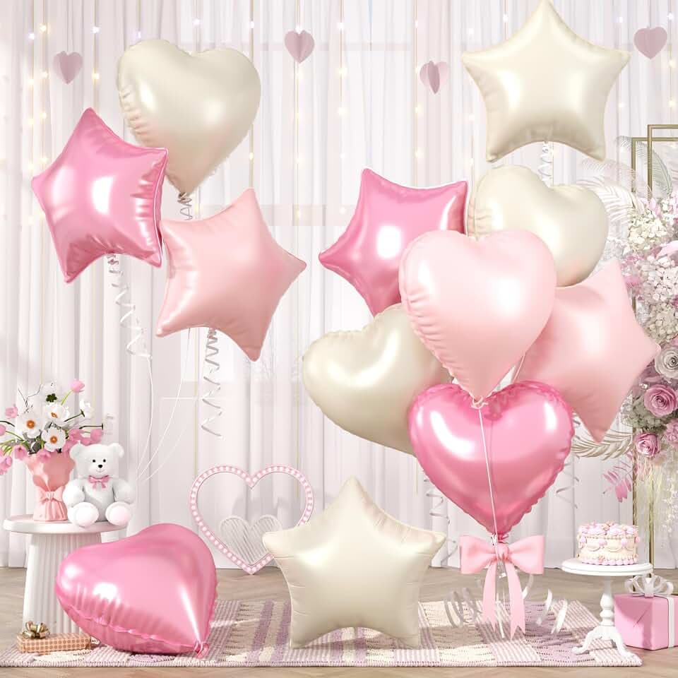 Pink Cream Heart Balloons, Star Balloons Foil for Girl Baby Shower Birthday