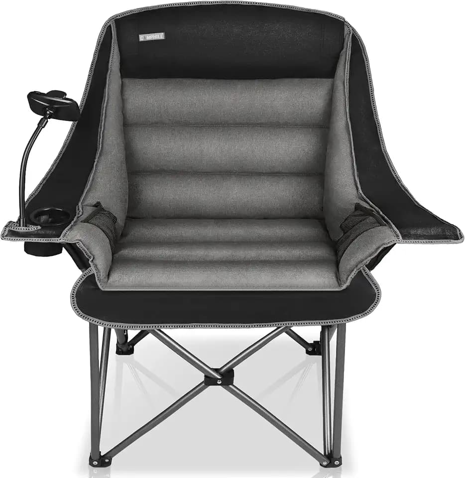 Camping Chairs for Adults-Oversized Extra Large Lawn Chair,Folding Comfy Padded Chair w/Phone Holder,Side Pocket,Cup Holder for Outdoor,Wide&Thick,Heavy Duty 400Lbs,Black
