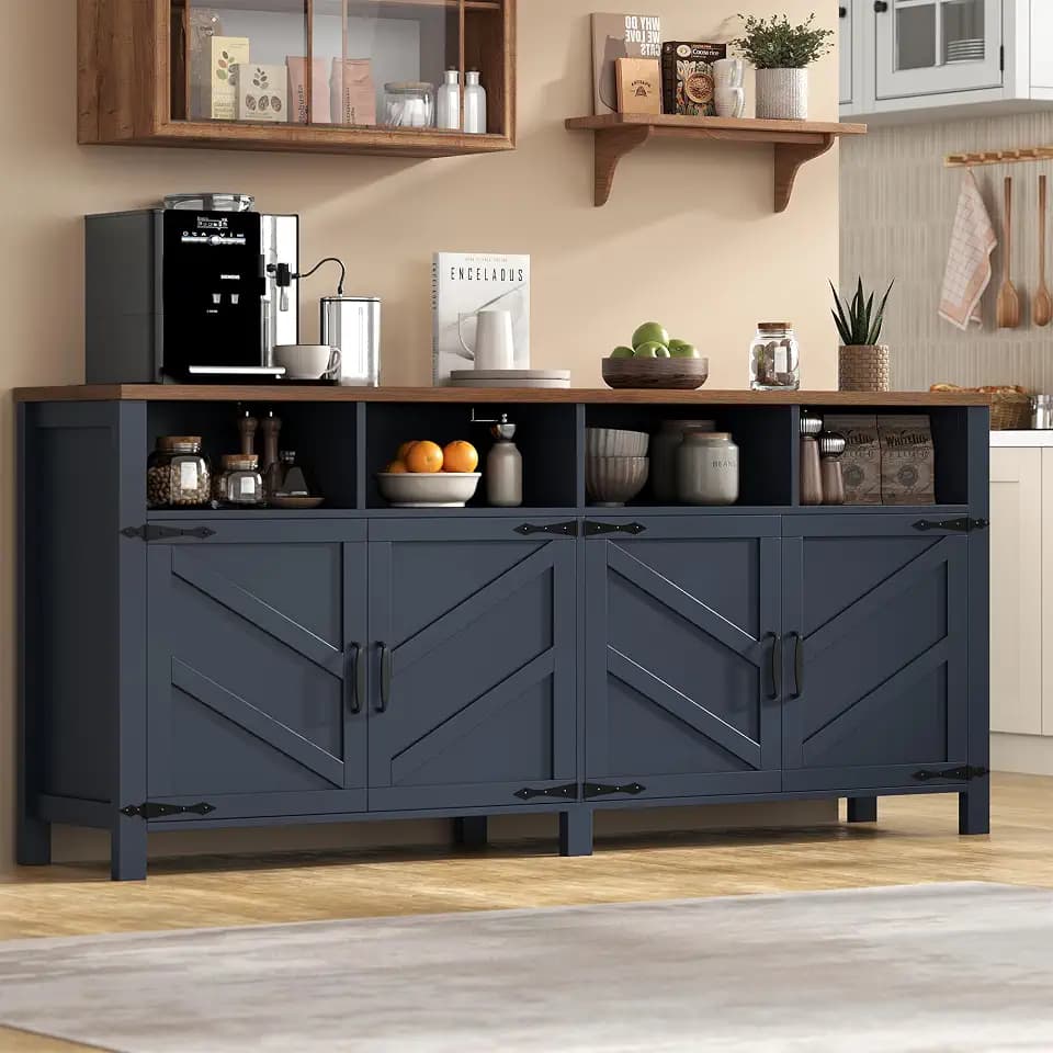 knoworld Buffet Sideboard with Storage Farmhouse, Large Kitchen Storage Cabinet Wood Coffee Bar Cabinet Buffet for Kitchen, Living Room, 63in, Blue