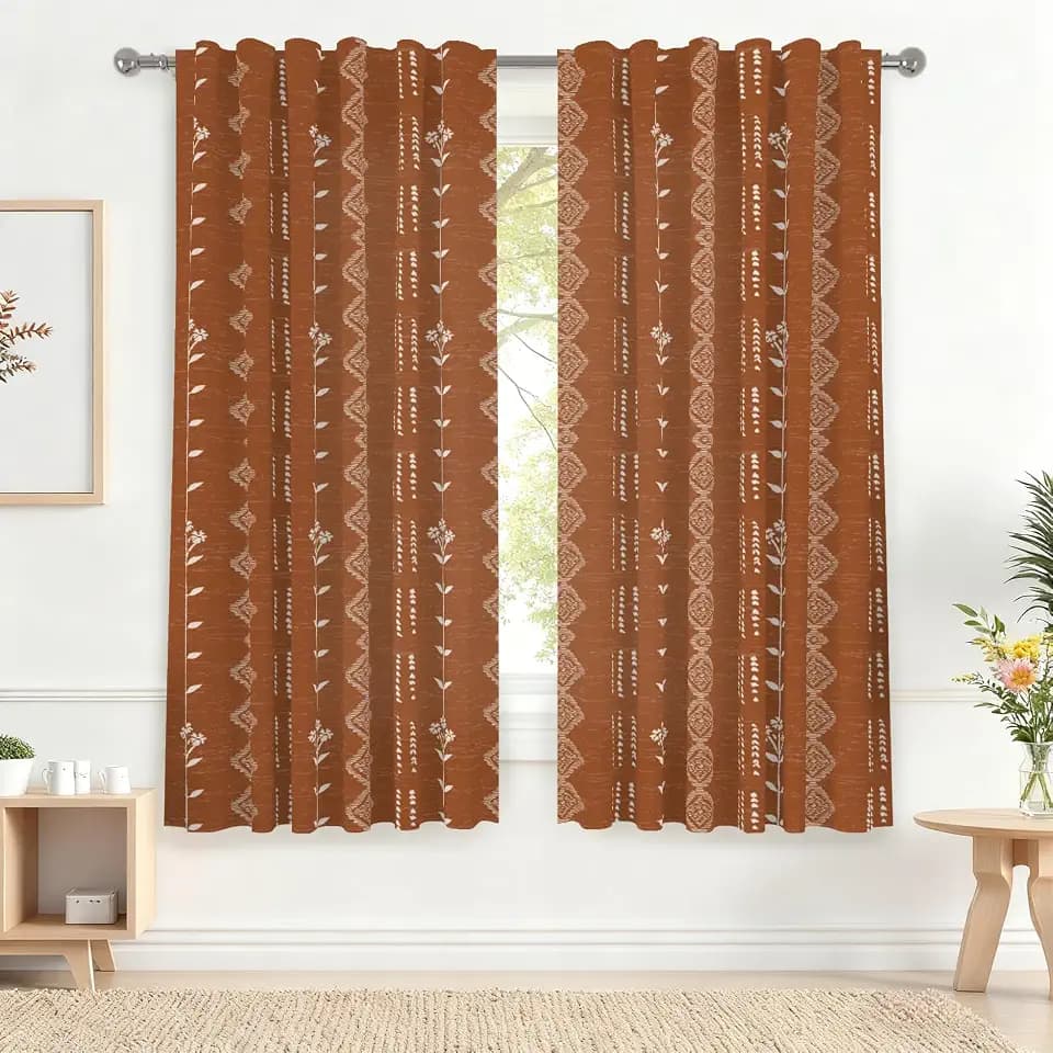 Renaiss 42 x 63 Inch Terracotta Boho Curtains Vintage Floral Farmhouse for Living Room Patterned Linen Aztec Printed Western Rustic Vintage Floral Light Filtering Curtain for Bedroom Rust 2 Panels