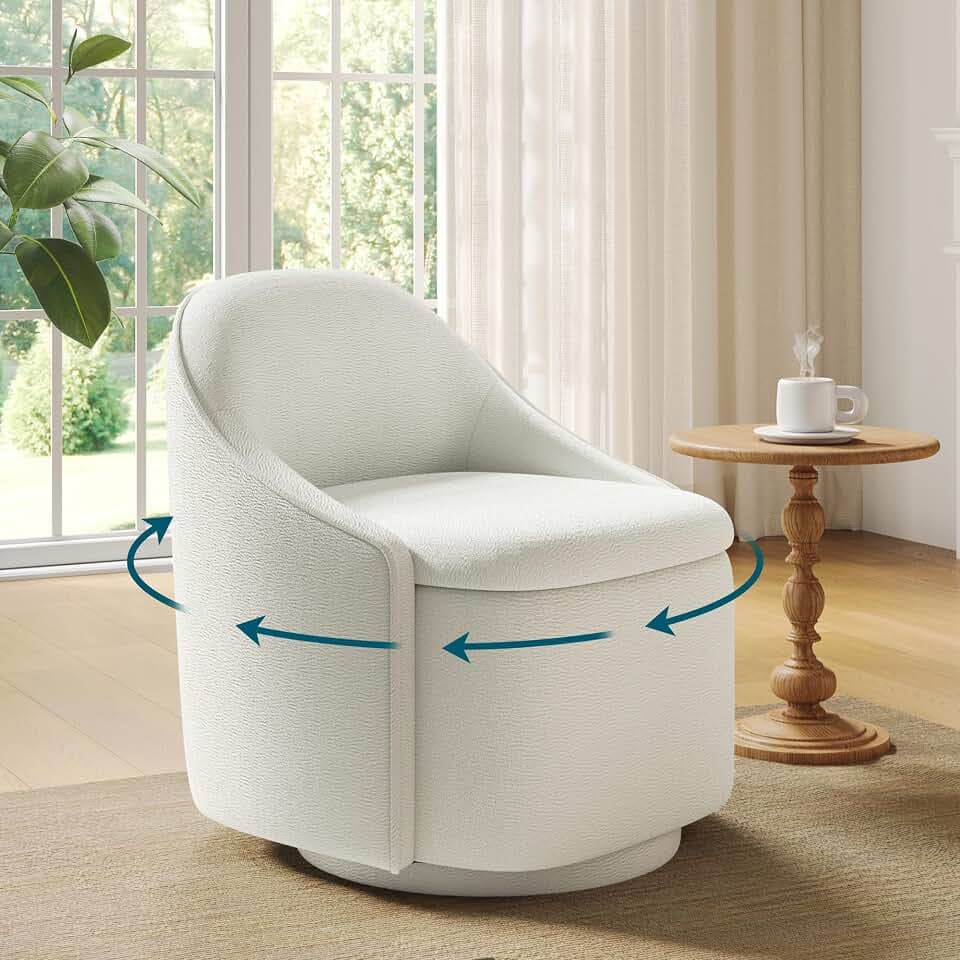 LINSY Swivel Accent Chair with Storage Comfy Chenille Barrel Chairs, Small 360 Swivel Modern Armchair for Living Room Bedroom, Boucle Reading Chair for Study Room (Beige)