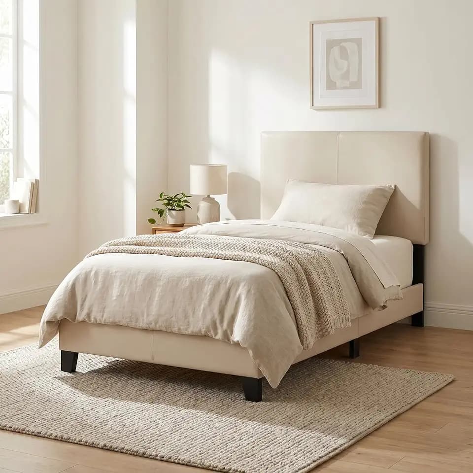 Furinno FB19821TWH Pessac PU Leather Upholstered Platform, Twin, White