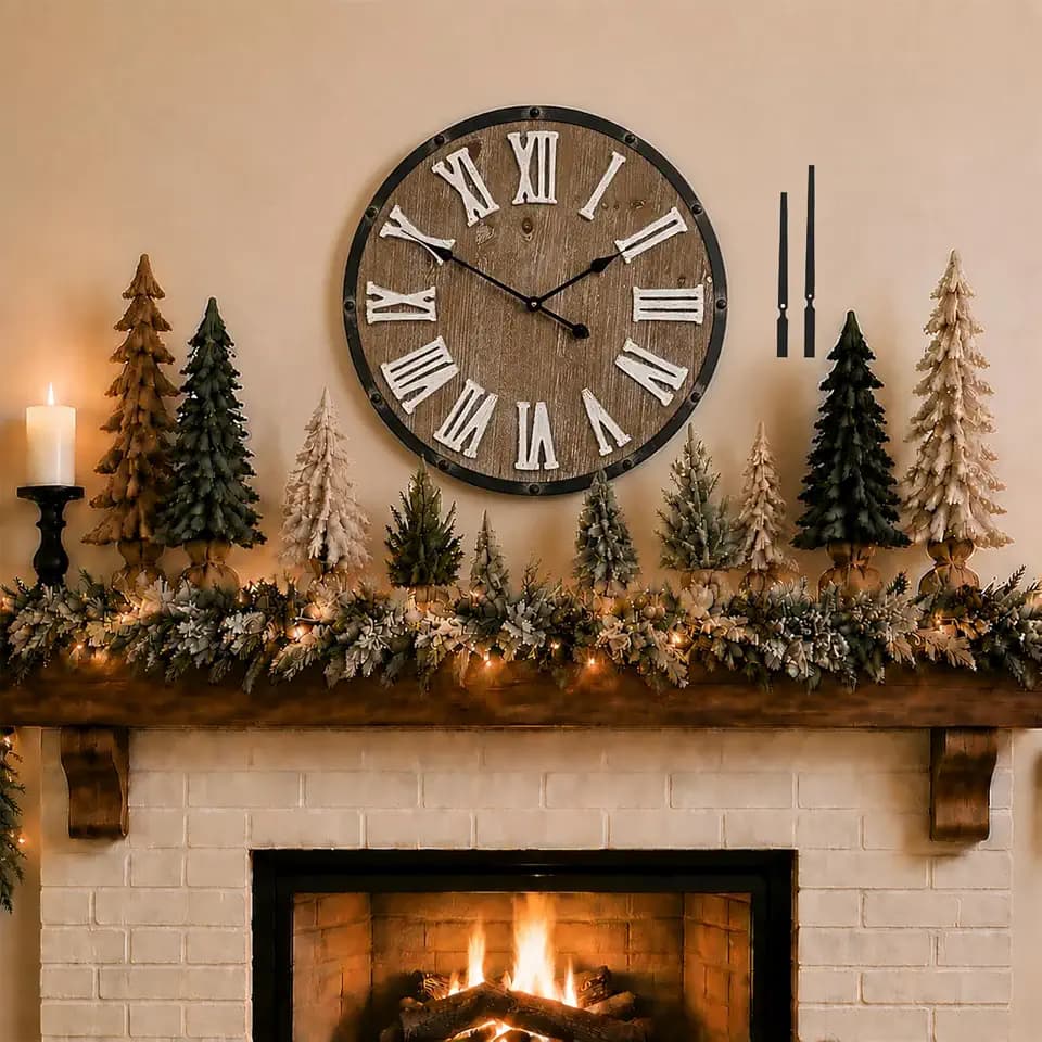 Large 24" Farmhouse Wall Clock, Rustic Wood Round Timepiece with Raised Roman Numerals, Black Metal Frame, Silent Quartz, Durable & Easy-to-Clean, Living Room & Entryway Decor (Weathered Brown)