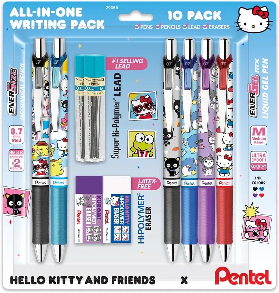 Pentel Writing Essentials 10 Pack, Hello Kitty® and Friends, Limited Edition, 4 EnerGel 0.7mm gel pens, 2 EnerGize 0.7mm pencils, 2 bock erasers, and 2 refill leads